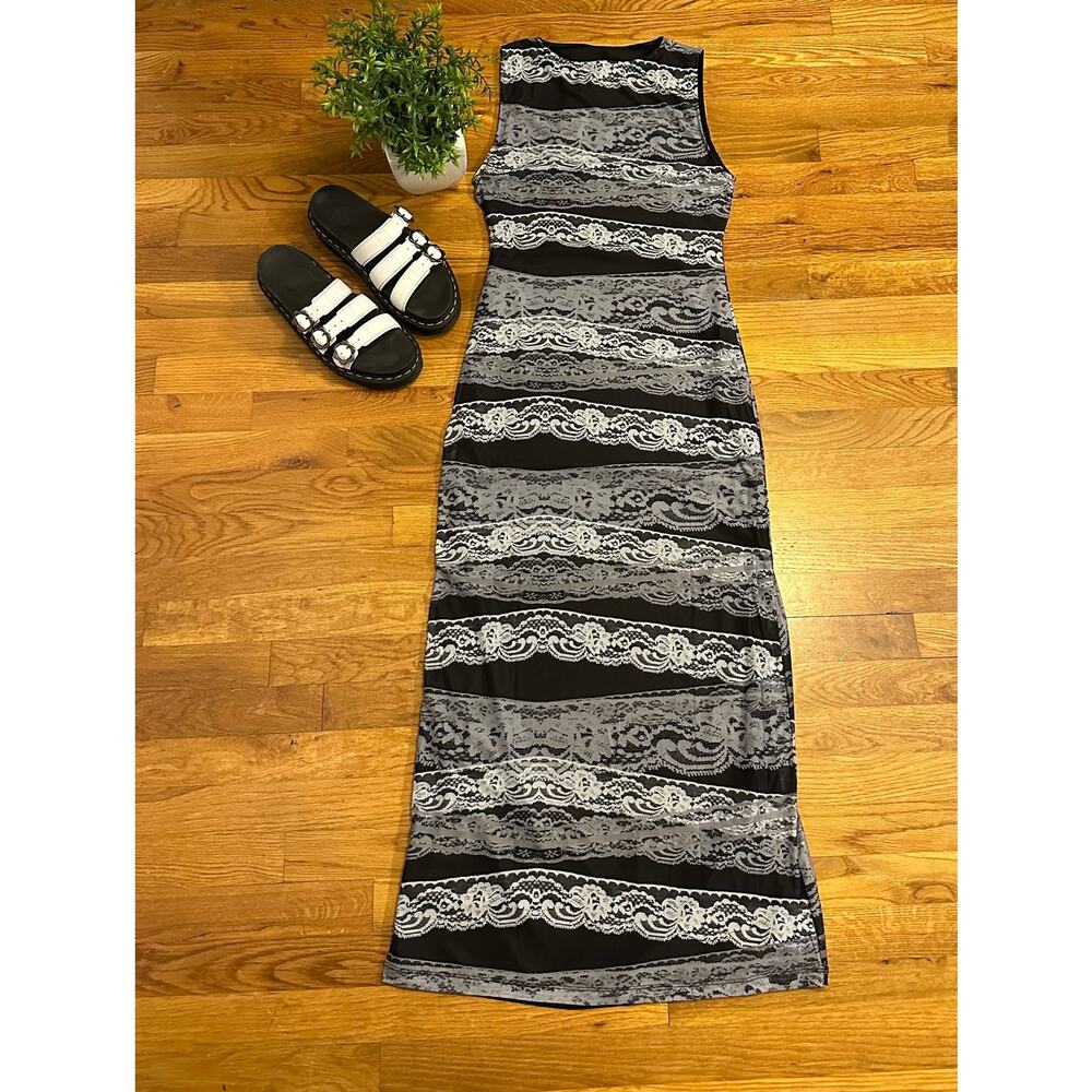 Motel Fayola Womens Large Black Gray Lace Mesh Bodycon Maxi Dress Black Gray